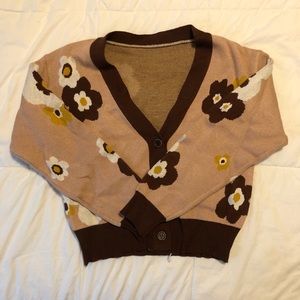 brown cardigan with brown flowers